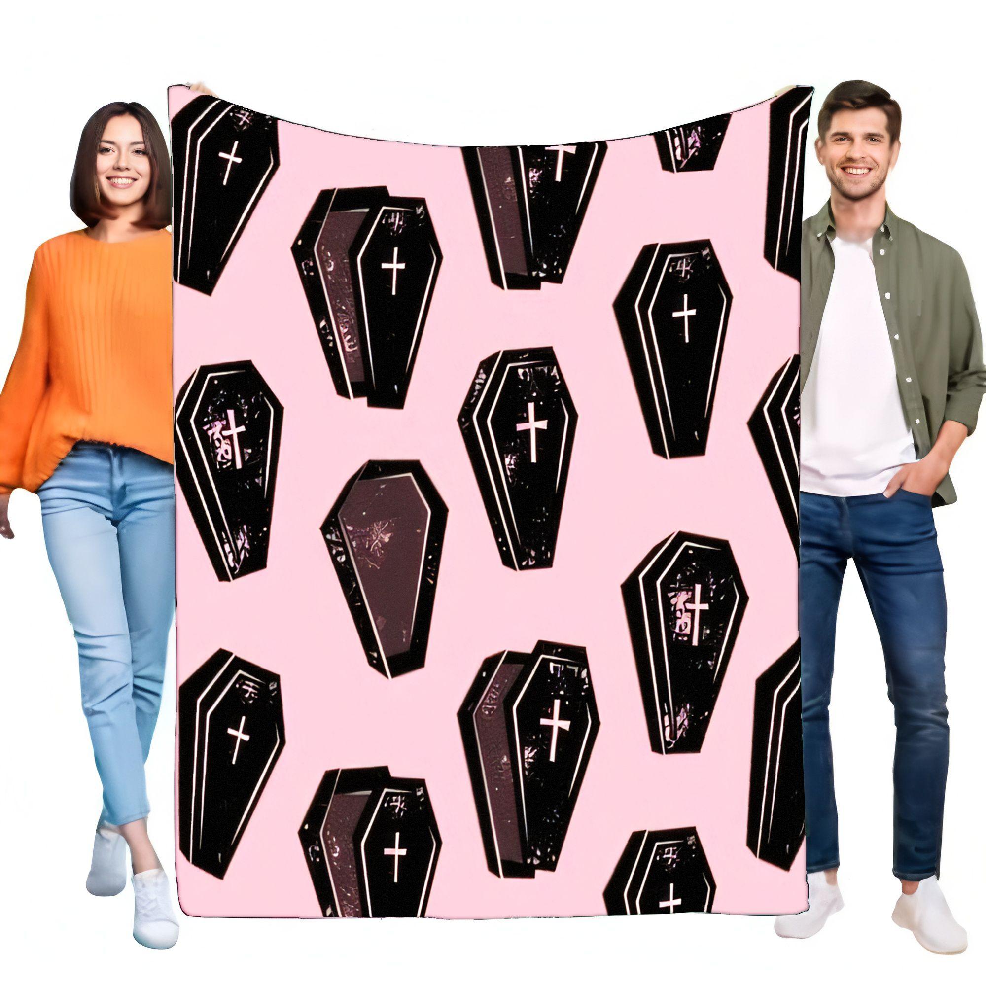 Pink Goth Coffin & Cross Pattern Throw Blanket Soft Flannel Plush for Spooky Halloween Bed Sofa Couch Aesthetic Home Decor Gift 75X95CM