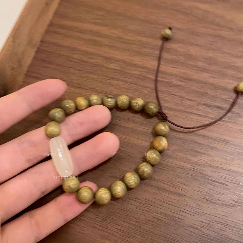Retro Green Sandalwood Beaded Bracelet Women'S Summer New Chinese Couple Adjustable Hand Jewelry
