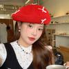 Damen Rote Süße Niedliche Schleife Baskenmütze Sommer Dünn Gestrickt Gehäkelt Gesichtsschlankmachender Künstlerhut