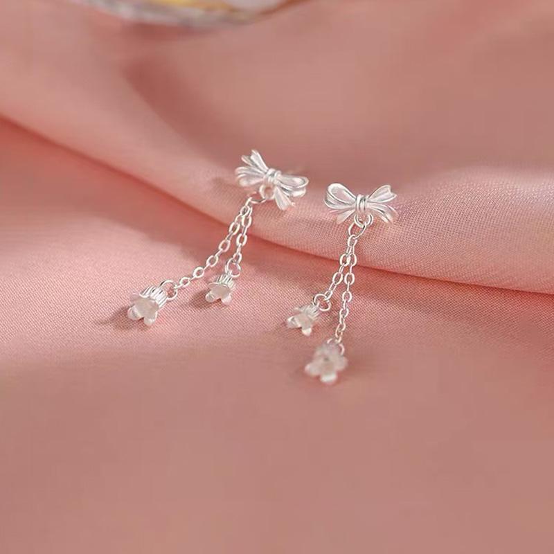 Real 925 Silver Bowknot Flower Tassel Plant Stud Earrings For Women Party Classic Fine Jewelry Light Luxury Accessories