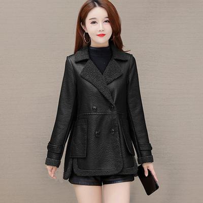 Autumn Winter Women Jacket Thickened Fleece Faux Leather Patchwork Dual-sided Reversible Mid Length Plus Size Pockets Double-breasted Notch