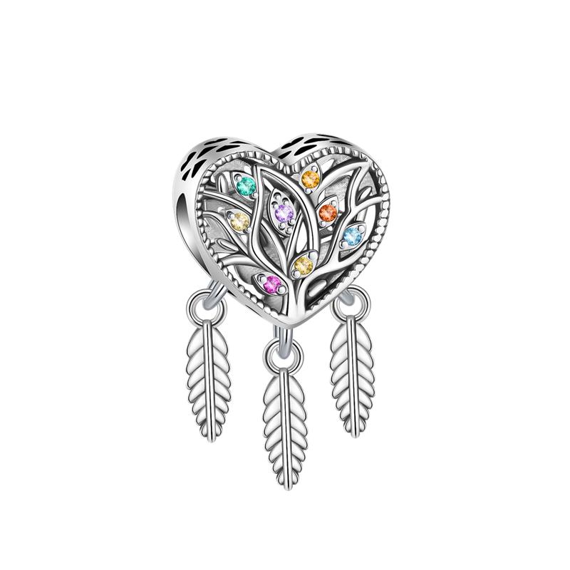 925 copper Inlaid Zircon Feather Charms Bead CZ Moon Dream Catcher Dangle Fit Original Bangle Bracelet Necklace DIY Zircon