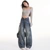 Autumn Winter Vintage Blue Silver Print High Waist Slim Floor Straight Wide Leg Denim Pants Women Casual Pants Oversize Denim Trousers