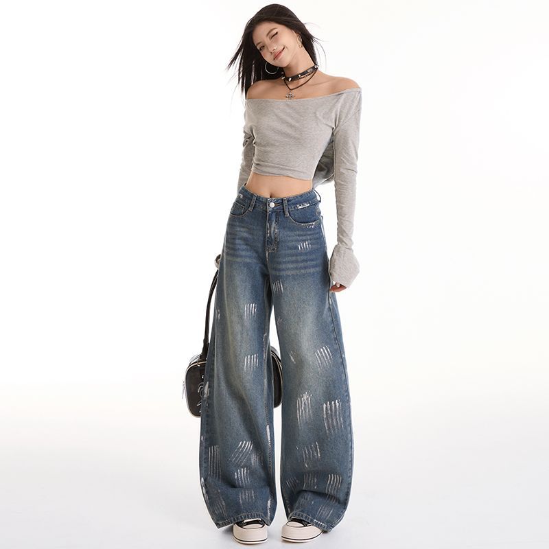 Autumn Winter Vintage Blue Silver Print High Waist Slim Floor Straight Wide Leg Denim Pants Women Casual Pants Oversize Denim Trousers