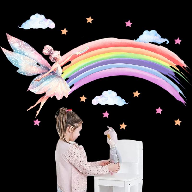 Decorazione Cameretta Bambini Elfo Ragazza Cartone Animato Arcobaleno Adesivo da Parete Stanza Ragazze Elfo Nuvola Adesivo da Parete