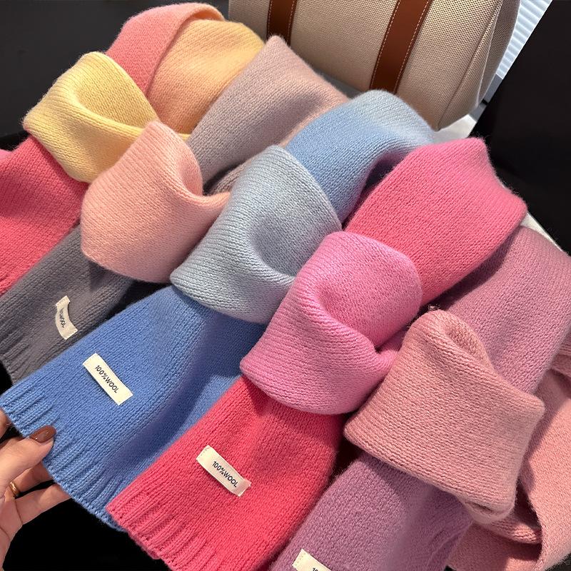 Luxury Winter 100% Wool Knitted Scarf Women Gradient Macaron Cashmere Handkerchief Warm Pashmina Solid Shawl Soft Stole Bufanda
