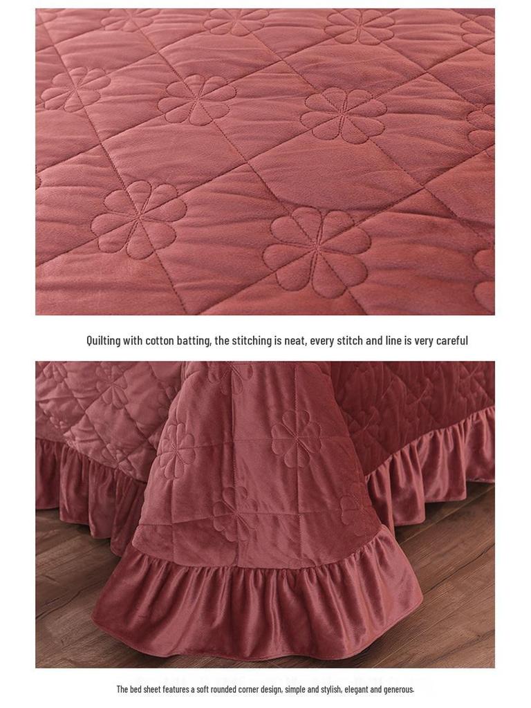 Warm Winter Crystal Velvet Quilted Bedspread with Lace Edge, Cotton-Padded, Double-Sided, Non-Slip Tatami