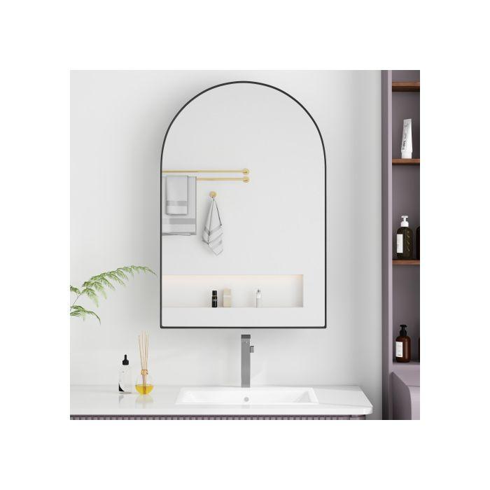 Meuble De Salle De Bain Élégant Avec Portes Miroir Incurvées, Armoire Murale À Cadre Métallique, Noir.