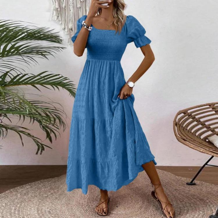 Women S Square Neck Puff Sleeve Maxi Dress Smocked Bodice Tiered Skirt with Pockets for Casual Wear