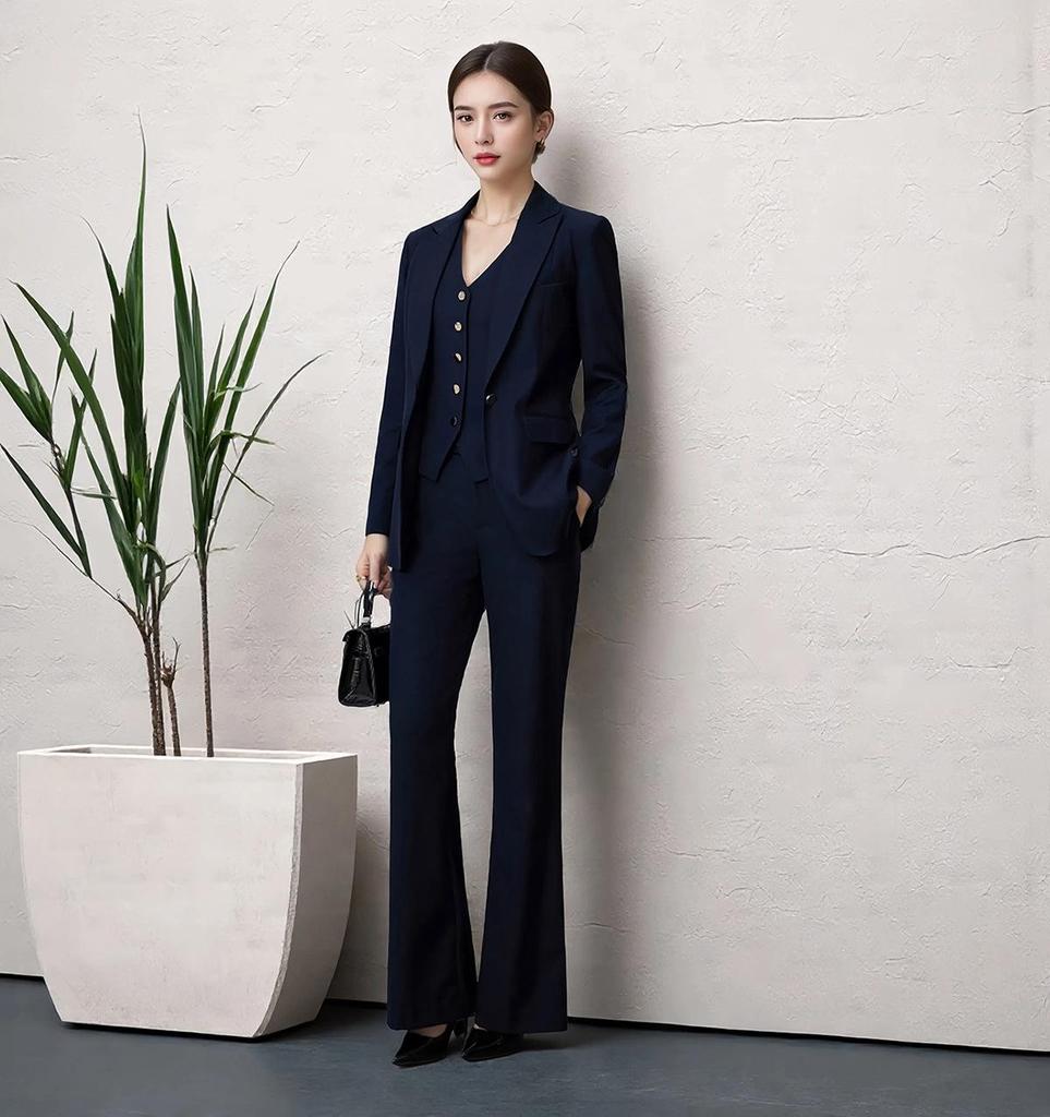 Ensemble 3 pièces pour femme en laine australienne: Blazer, gilet et pantalon évasé haut de gamme printemps/automne