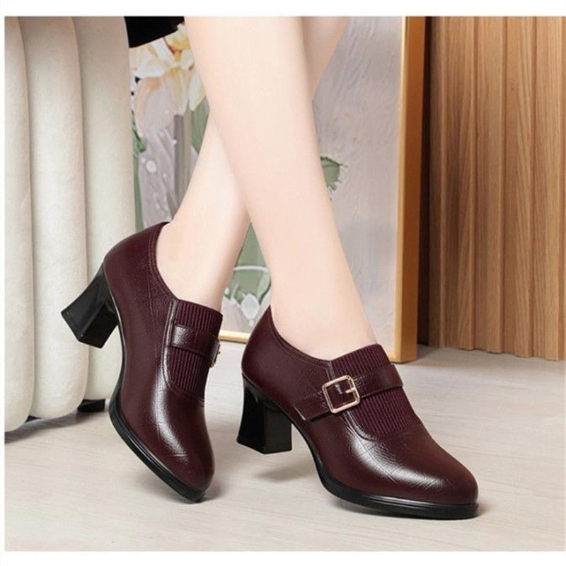 Soft leather thick heel single shoes soft sole non-slip medium heel leather shoes low top