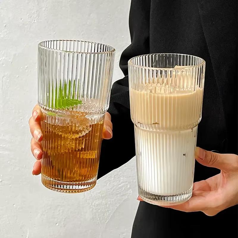 1pcs/2pcs/4pcs Glass Cups with Straws and Lids, Vertical Stripe Pattern, Elegant Home Use for Iced Drinks & Coffee