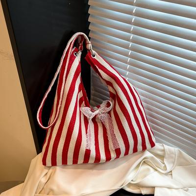 Retro Literary Handbag Women's Small Fresh Striped Shoulder Bag Casual Large Capacity Commuter Canvas Tote Bag