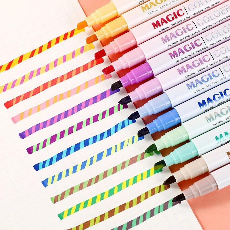12 Stück doppelseitiges magisches Farbwechsel-Textmarker-Stiftset, für Schülertagebuch, Scrapbooking, Malerei, DIY, Klassenzimmer und Büro S