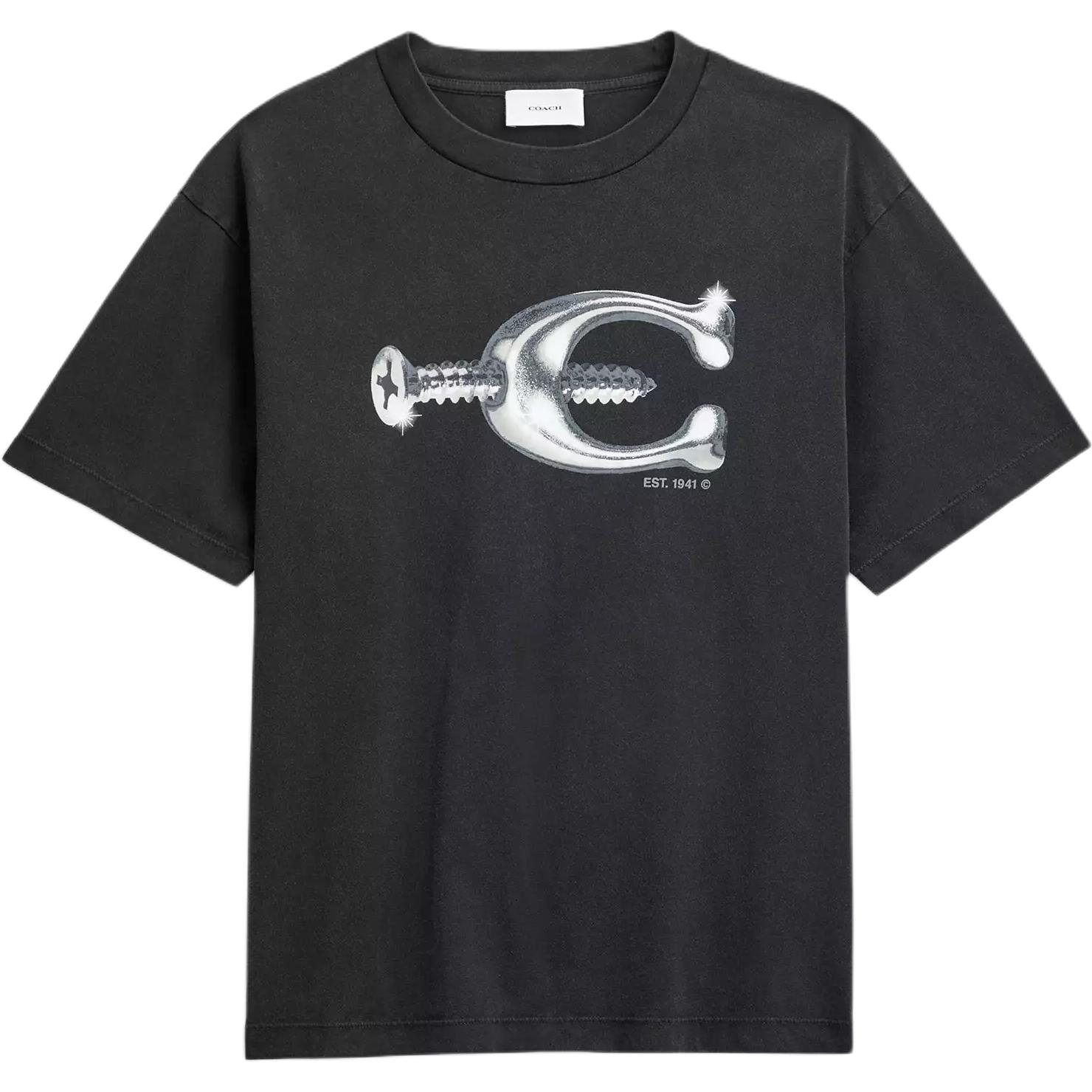 Coach Organic Cotton Printed Pattern Ribbed Round Neck Short Sleeve T-Shirt Unisex Tops CEG92-BLK XS