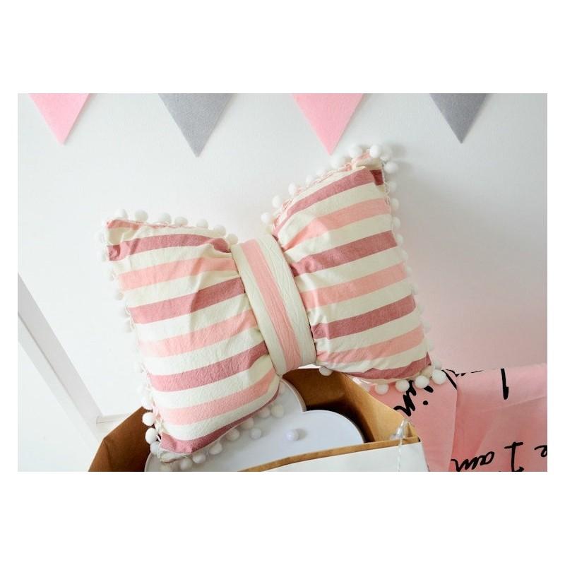 Striped Cotton Cushion With Bow And Pom Pom Trim For Home Decor**