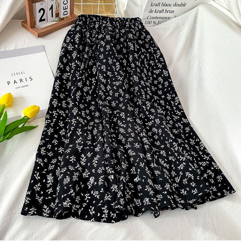 Women's Spring and Summer High-Waisted Vintage Floral A-Line Half Skirt Mid-Length Versatile Slimming Umbrella Skirt Long Skirt