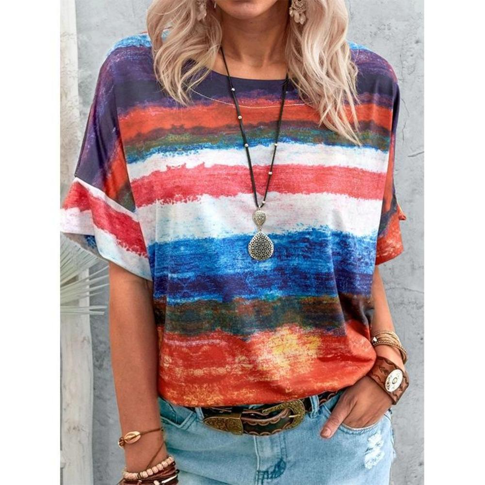Women's Fashionable Casual Summer Spring Striped Printed Short Sleeved Round Neck T-shirt and Top