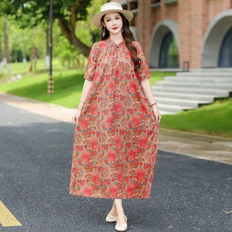 Womens Casual Floral Print Half Sleeve Loose Maxi Dress