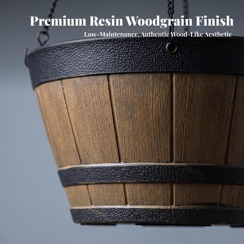 Hanging Planter with Wood Grain Farmhouse Barrel Resin for Patio, Garden