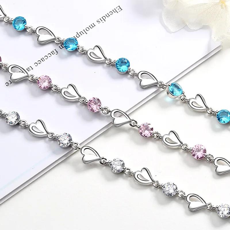 925 Silver Heart Shaped Bracelet For Women Retro Versatile Pink Crystal Charm Bracelets Party Jewelry