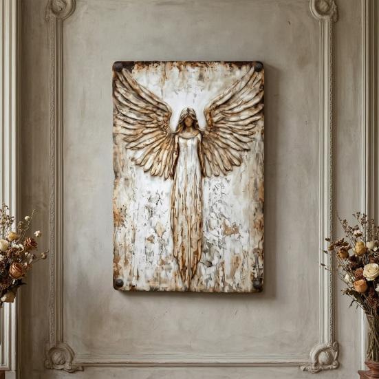 Arte de Parede em Metal Anjo da Guarda Rústico, Placa Pendurada Vintage com Asas de Anjo Desgastadas para Casa de Fazenda, Sala de Estar, Quarto, Hall de Entrada, Varanda, Decoração de Parede