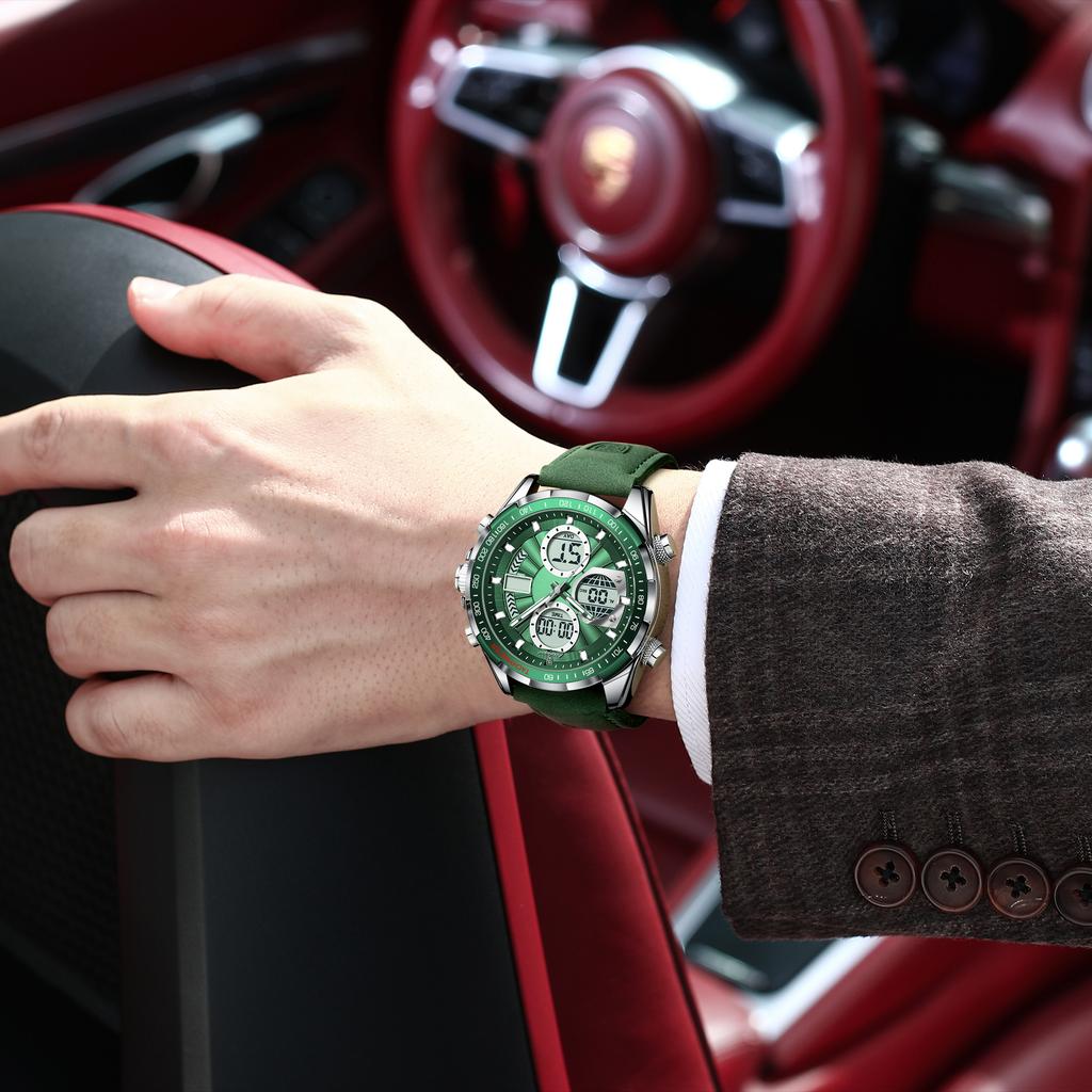 POEDAGAR E108 Practical Business Men's Dual Display Watch Leather Strap Waterproof Casual Fashion Male Wristwatch Gift