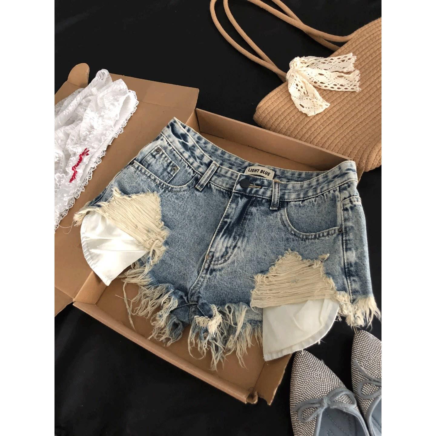 

High Waist Ripped Denim Tassel Shorts - European & American Style XL