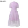 ZANZEA Women Turtleneck Casual Mesh Splice Summer Short Sleeve Dress