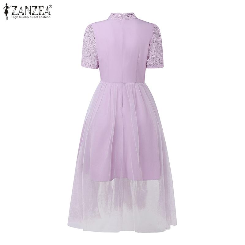 ZANZEA Women Turtleneck Casual Mesh Splice Summer Short Sleeve Dress