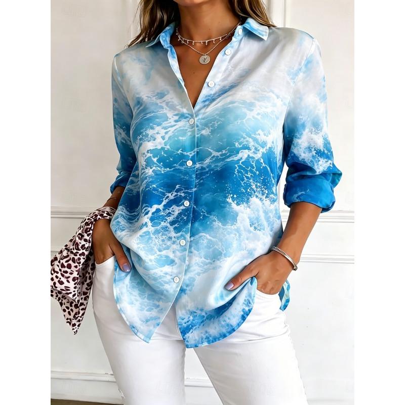 Women's Long Sleeve Marble Print Button Down Casual Shirt Elegant Daily Blouse Tops In Black White for Spring Summer