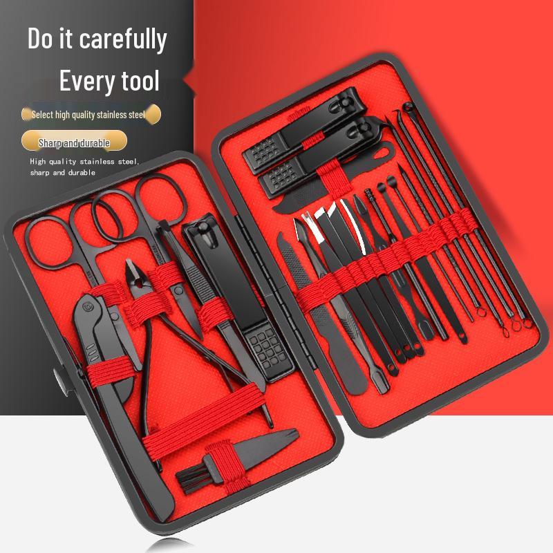 24-teiliges Schwarz-Rot-Nagelknipser-Set mit Schrägschnitt-Knipser, Pediküre-Werkzeugen und Hautscheren