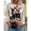 Women's Cute Cat Long Sleeve T-Shirt, Round Neck Long Sleeve Autumn Top, Festival Gift Clothing, Fashion Party T-Shirt