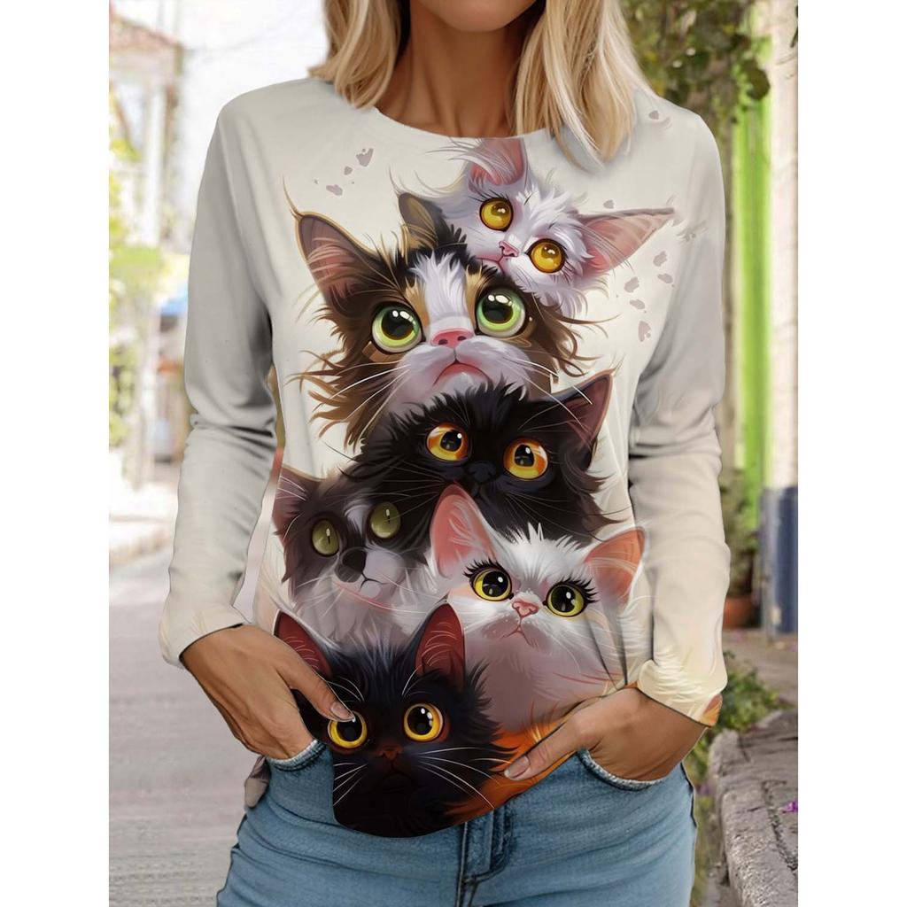 Women's Cute Cat Long Sleeve T-Shirt, Round Neck Long Sleeve Autumn Top, Festival Gift Clothing, Fashion Party T-Shirt
