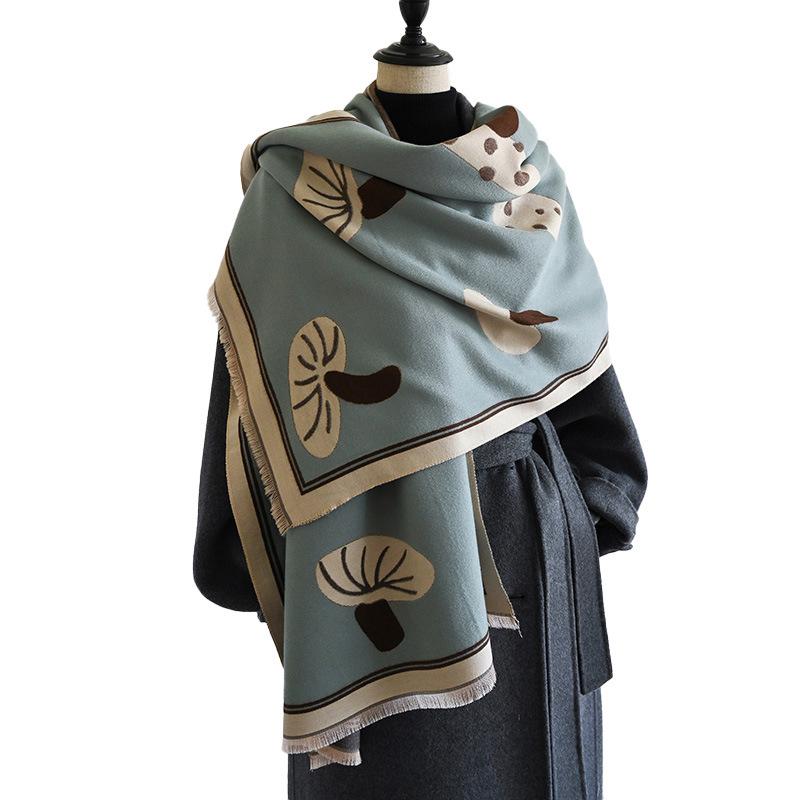 Cartoon Small Mushroom Print Cute Double-Sided Women'S Imitation Cashmere Warm Scarf Small Fresh Air Conditioner Shawl