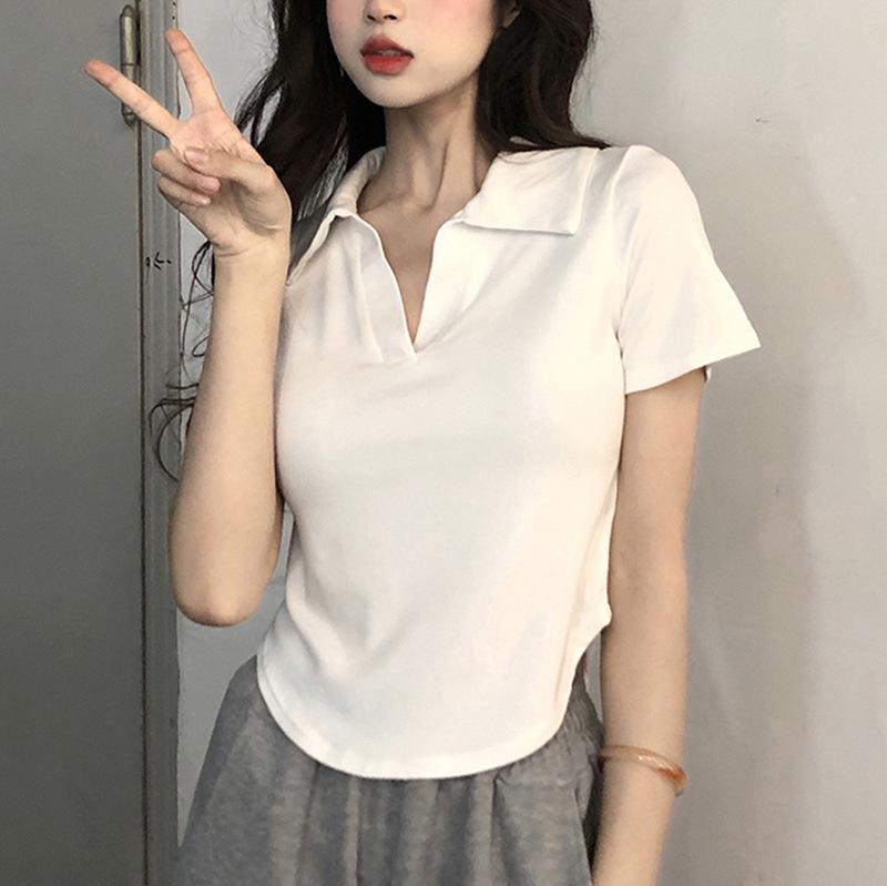 Women's Slim-Fit Irregular Polo Collar Summer T-Shirt - Korean College Style
