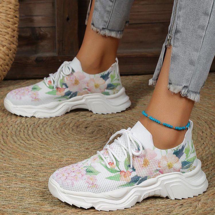 2023 New Style Women's Casual Flower Sports Shoes with Upturned Lace-Up Design