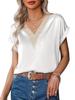2026 Elegant Lace V-neck Solid Color Short Sleeve Women's T-shirt