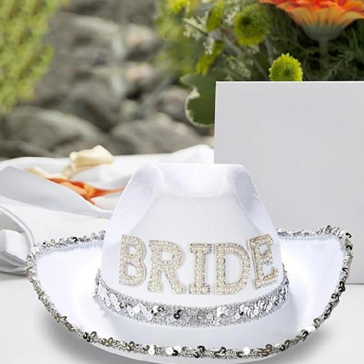 Rhinestones Bride Cowboy Cowgirl Hat with Veil Bachelorette Wedding Party Props