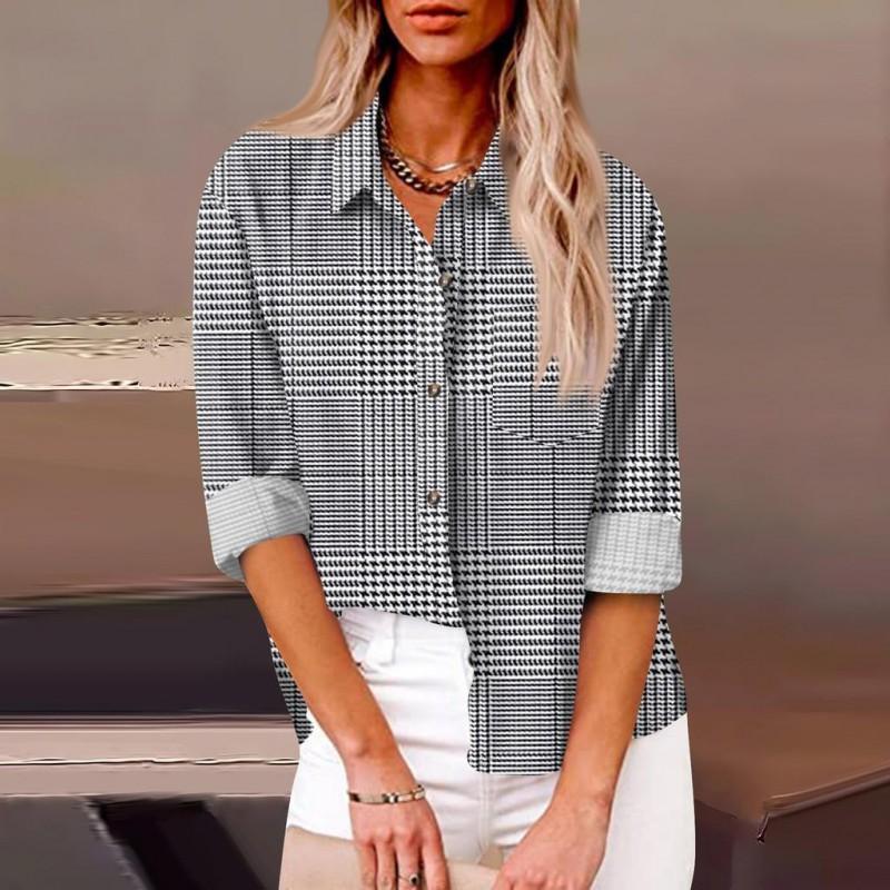 Womens Relaxed Fit Long Sleeve Shirt With 3D Digital Print Plaid Casual Cotton Linen Blouse