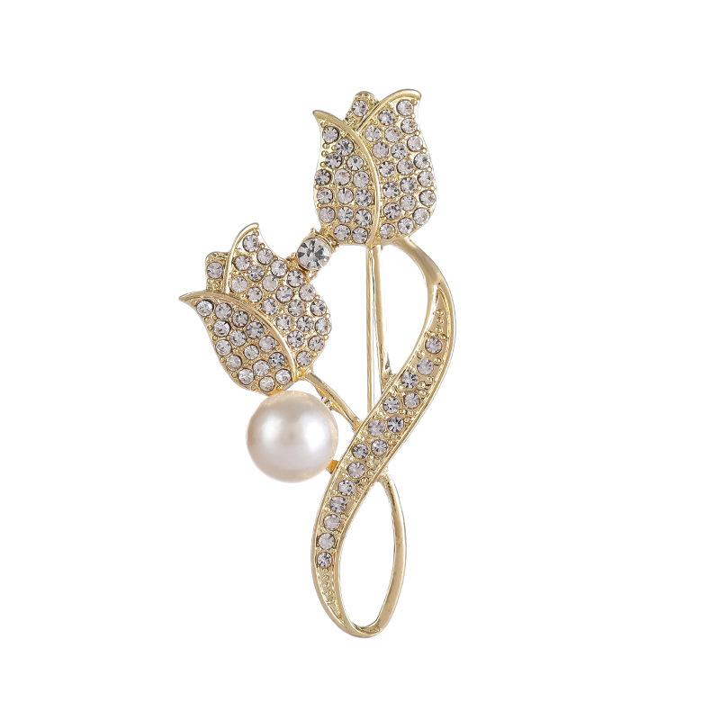 Golden Tulip Flower Imitation Pearl Brooch Shiny Full Of Rhinestone Women's Brooches Metal Pins Party Badge Jewelry Gifts