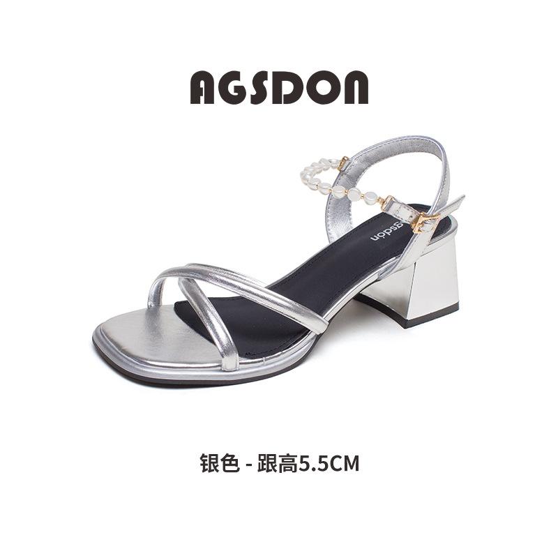 Augustine thick-heeled sandals women 2025 new summer wear pearl one-word buckle French fairy wind cool slippers