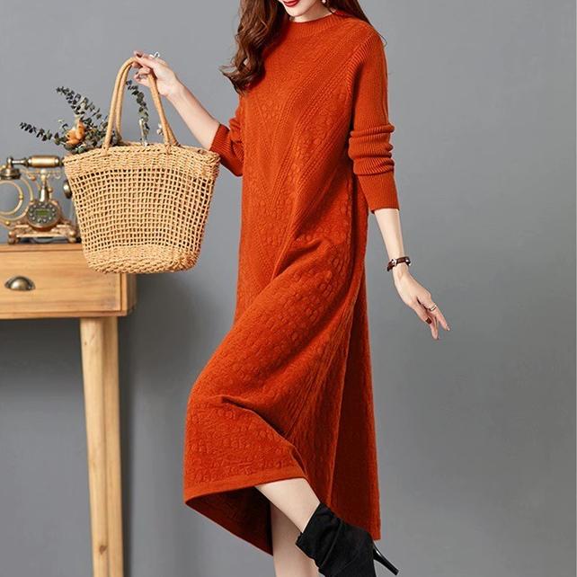 Plus-size Sweater Dress for Women in Autumn and Winter Long Knee-length Knitted Sweater Loose Solid Color Pullover