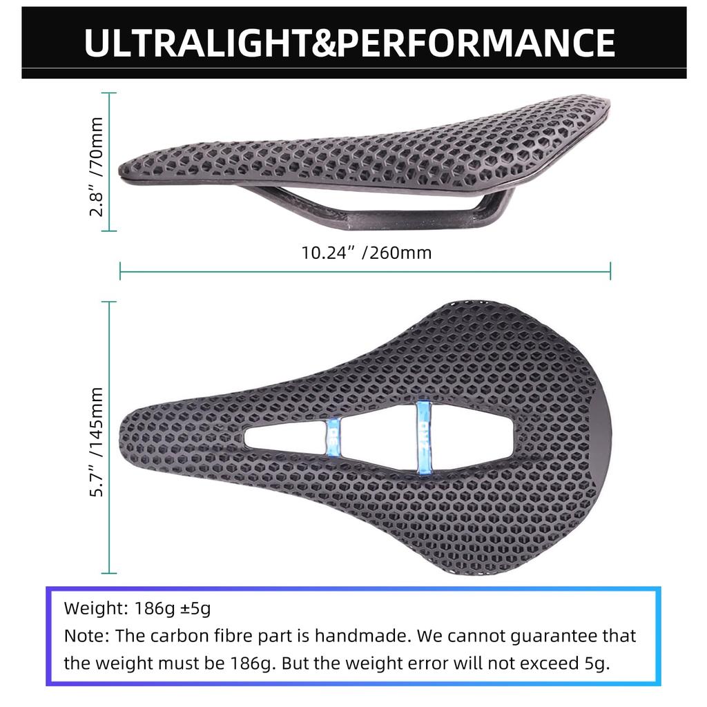 3D Printed Full Carbon Fiber Bicycle Saddle for Men/Women - 7 x 9mm Carbon Rails - Adaptive Bicycle Seat for Mountain Road and Gravel Bikes
