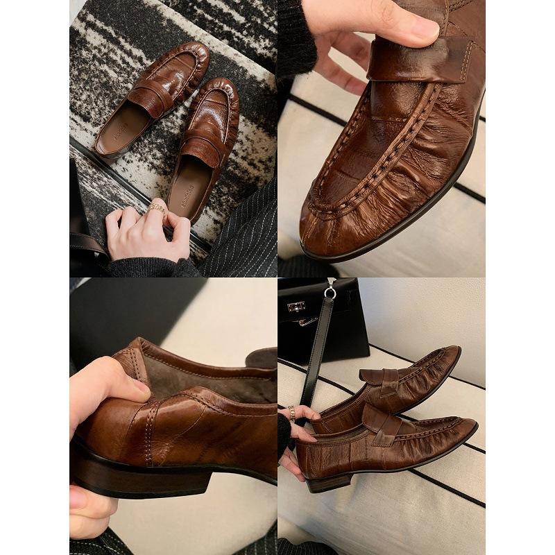 Cowhide~ Grape Mom, the same leather retro pleated loafers, women's thick heels, one pedal, lazy flat-bottomed people's small leather shoes
