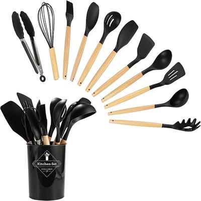 12PCS Food Grade Silicone Kitchen Cookware Wooden Handle Practical Cooking Tool Spatula Set Non-stick Silicone Kitchen Utensils