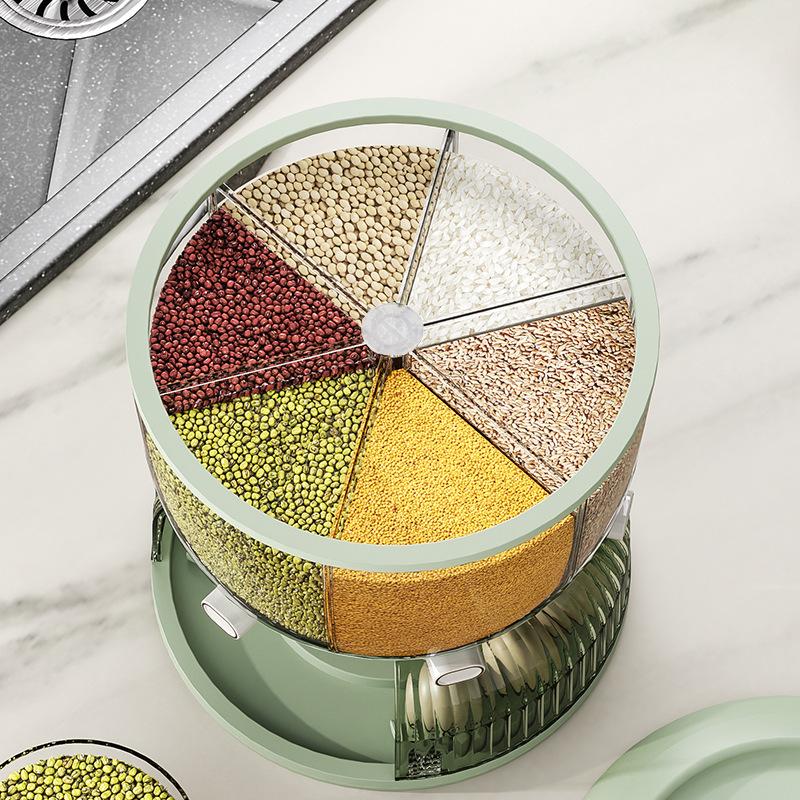 6-Grid Rotating Grain Dispenser Bulk Cereals Rice Barrels Separated Jars Sealed Insectproof Rice Tank Container Kitchen Storage