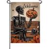 Welcome Halloween Gothic Skeleton Small Decorative Garden Flag, Spooky Skull Jack O Lantern Pumpkin Chair Yard Lawn Outside Decor, Holiday Outdoor Hom