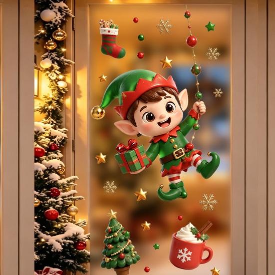 Holiday Atmosphere Window Films 2PCS Christmas Static Sticker, Cute Cartoon Elves And Bears Reusable Seasonal Art Print, PVC Glass Stickers