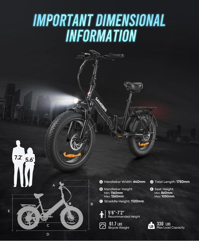 SAMEBIKE LOTDM200-II 750W 48V 13AH Folding Electric Bicycle for Adults 20 X 4.0 Inch Fat Tire Mountain E-bike With Removable Battery